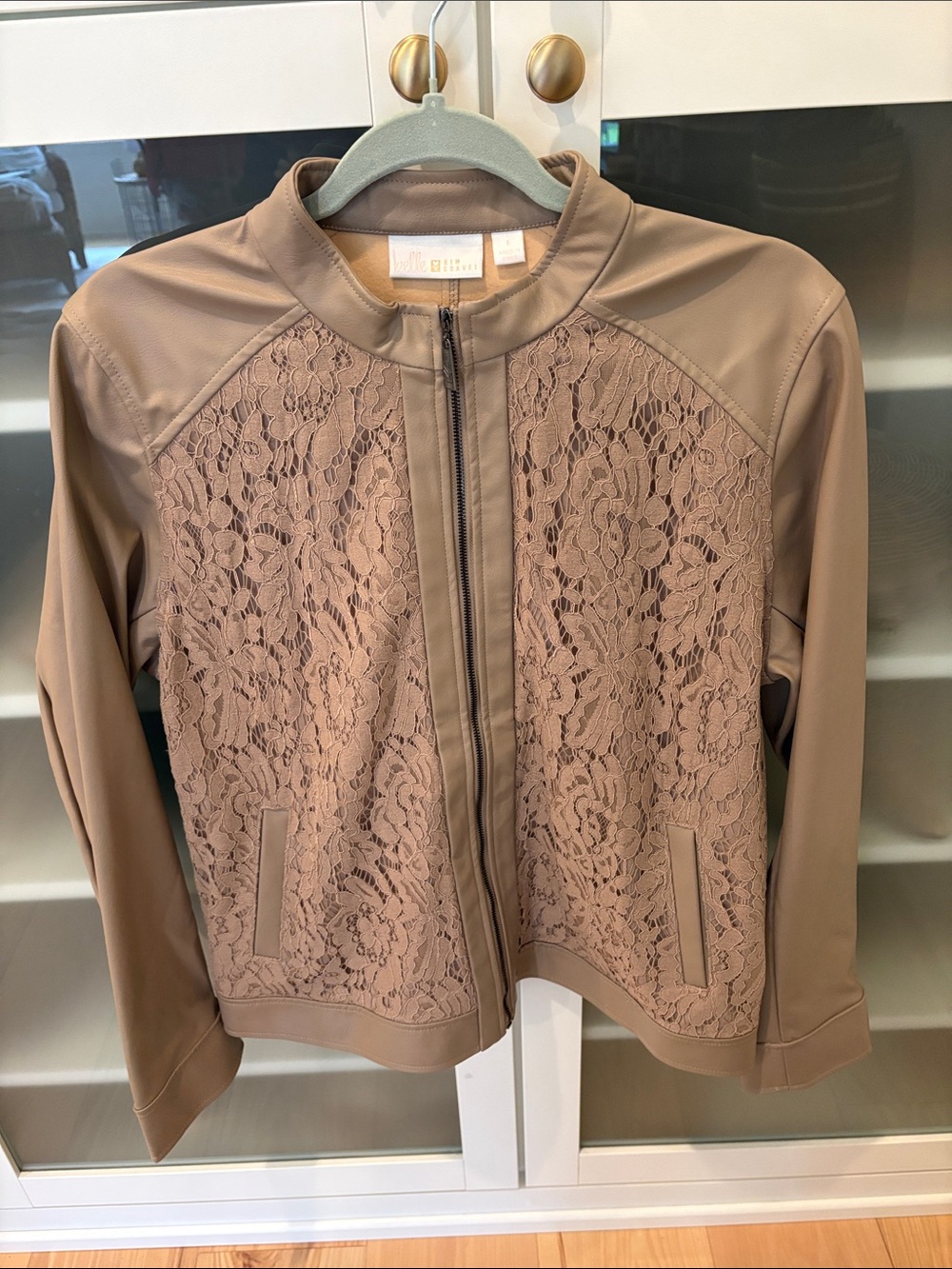 NEW Belle by Kim Gravel Taupe Lace-Front Bomber Jacket